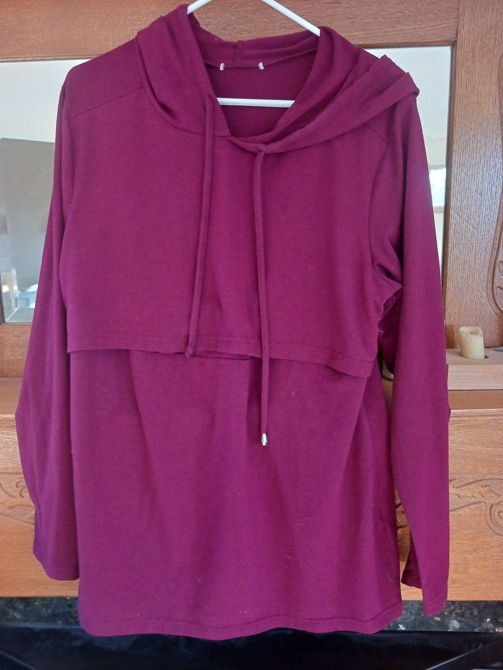Cotton Burgundy Hooded Nursing Pullover Sweatshirt with Drawstring